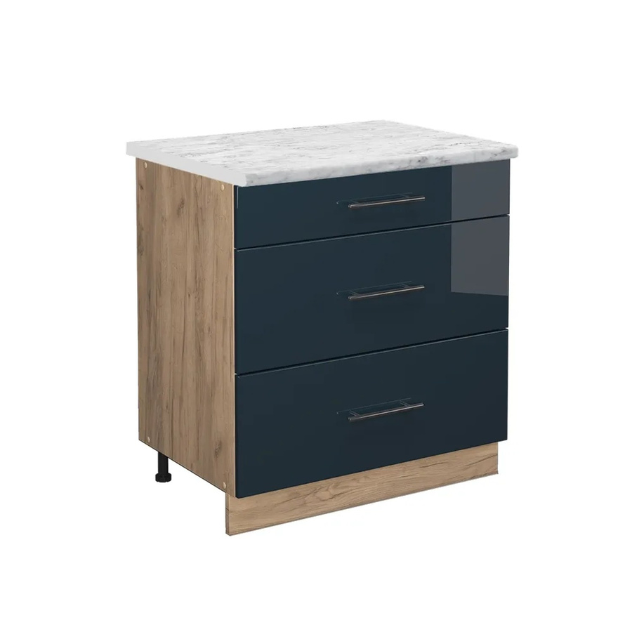 Vicco Küchenunterschrank Fame-Line mit 3 Schubladen in Dunkelblau Hochglanz und Eiche mit weißer Marmor Arbeitsplatte, Breite: 80 cm - Bild 3