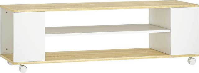 HOMCOM TV-Schrank Lowboard mit Rollen in Weiß und Natur, moderner Fernsehtisch mit 2 offenen Fächern für TV-Geräte bis 55 Zoll, B/T/H: 120 x 40 x 38,5 cm - Bild 1