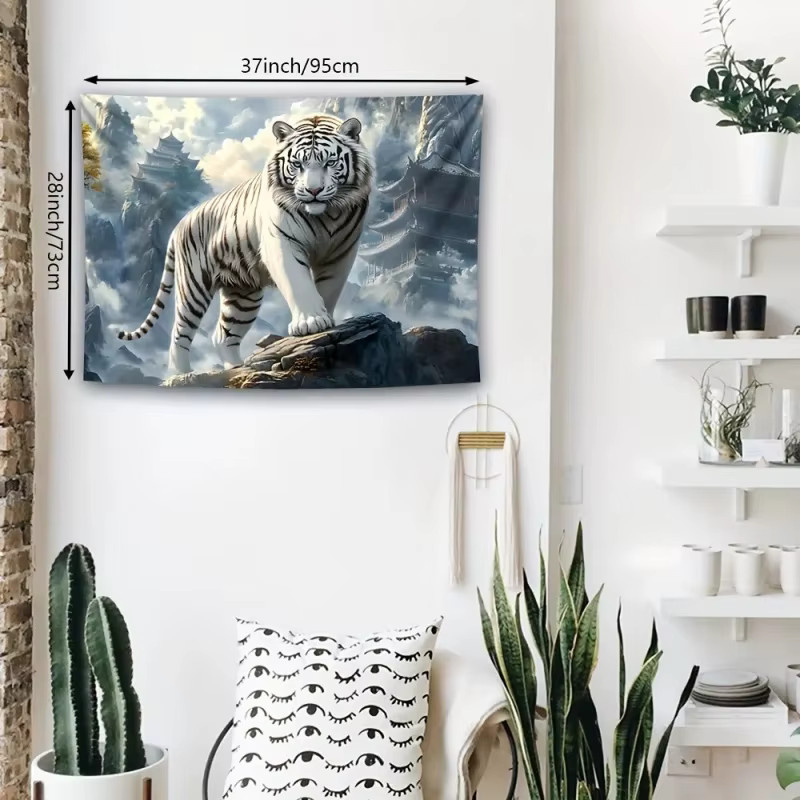 VIKAMA Wandteppich mit weißem Tiger und Bergtempel in Naturlandschaft, orientalischer Wandbehang in Multicolour, B/H: 60 x 40 cm - Bild 4