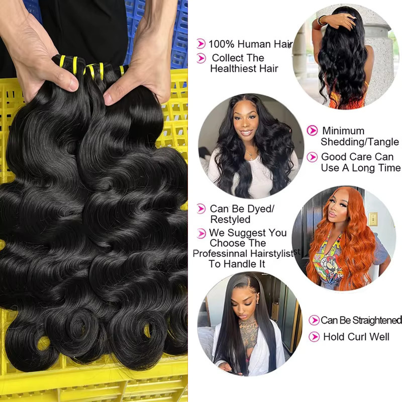 DEENTOSHAIR Body Wave Echthaar-Extensions, Welliges Haar, Naturschwarz - Bild 3