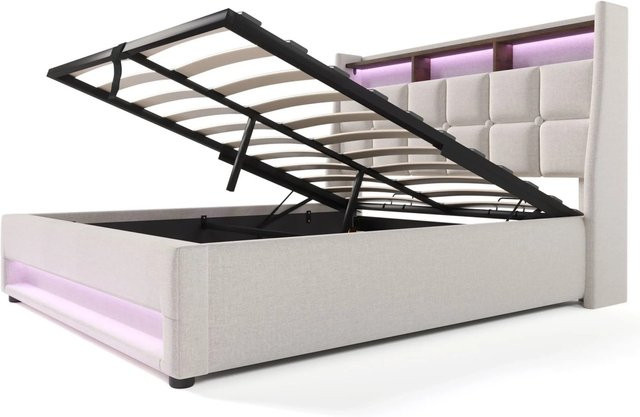 Merax Polsterbett mit LED-Unterbettbeleuchtung und USB-Anschluss in Beige mit Lift-up-Funktion, B/T/H: 140 x 200 x 145 cm - Bild 1