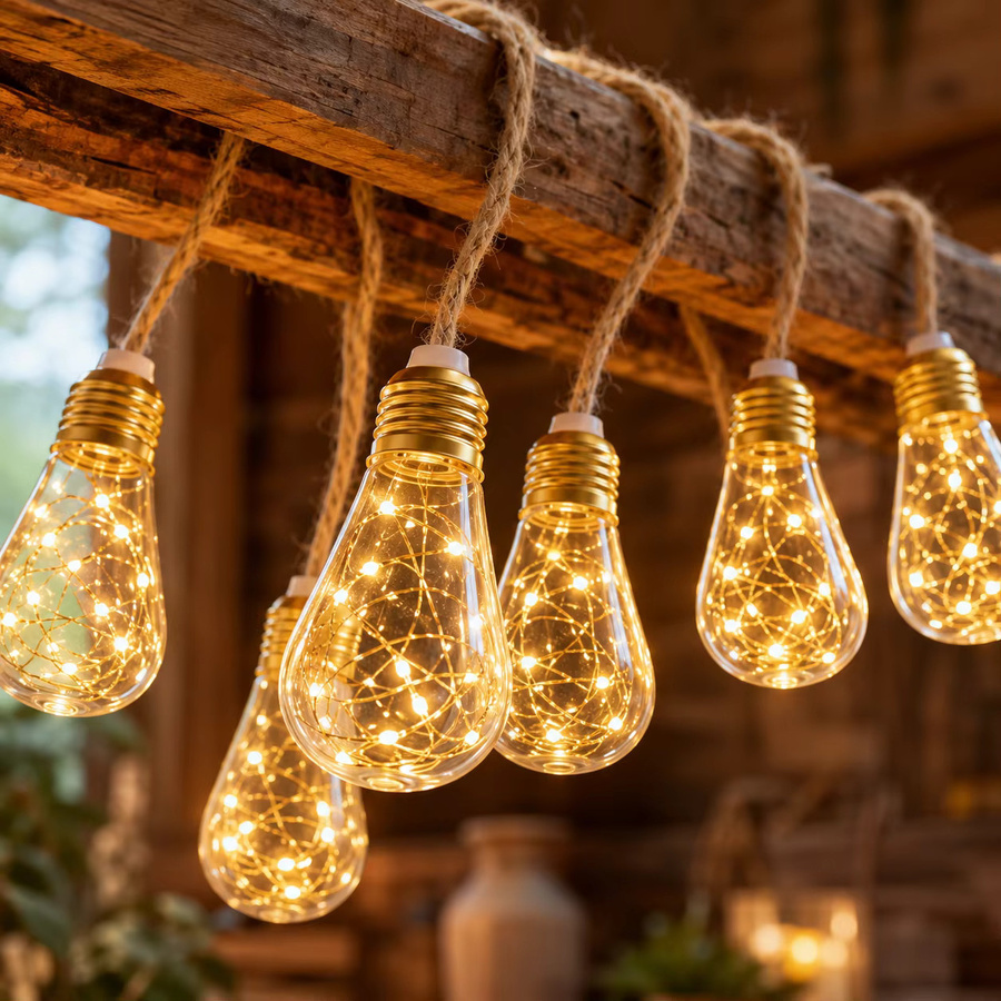 USB Hanfseil-Lichterkette mit warmweißen LED Vintage-Glühbirnen in Weiß für deine Dekoration im Schlafzimmer, auf dem Balkon oder bei Partys - Bild 4