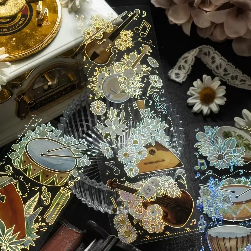 2 Sets mit 6-teiligen goldenen holografischen Aufklebern im Melodie-Blumeninstrument-Design für Tagebücher und Einladungen von leaffei - Bild 3