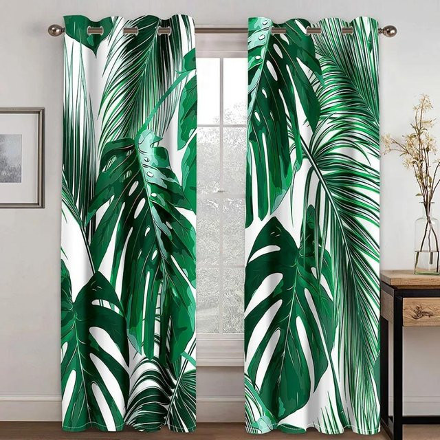 2er-Set Tropical Blatt Vorhang mit tropischem Pflanzenmuster in Grün und Weiß, Aquarell-Design mit Palmen und Bananenbäumen, halbtransparent, mit Ösen, Breite: 50 cm, Höhe: 50 cm pro Stück - Bild 1