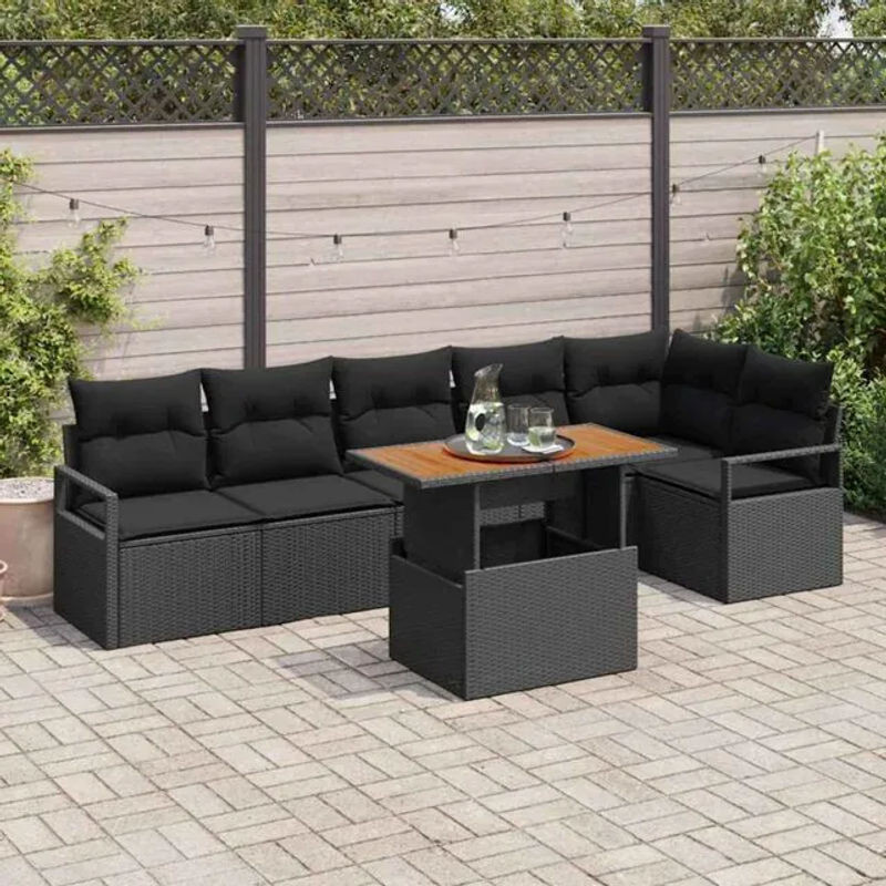 Vidaxl Garten Essgruppe aus Rattan, Metall und Massivholz, 7-teilig, Schwarz/Braun, B/T/H: 100 x 55 x 73 cm - Bild 1