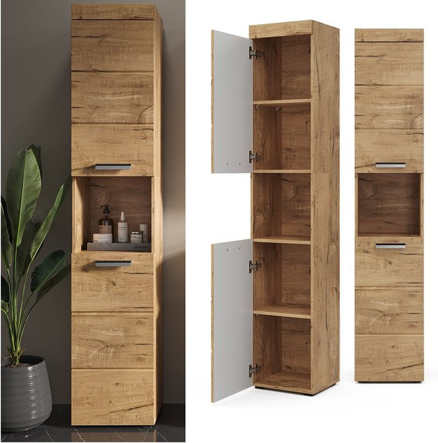 Vicco Badschrank Luna Hochschrank Badezimmerschrank in Eiche Braun mit 2 Türen und 5 Ablagefächern B: 37 cm, H: 190 cm, T: 33 cm - Bild 1