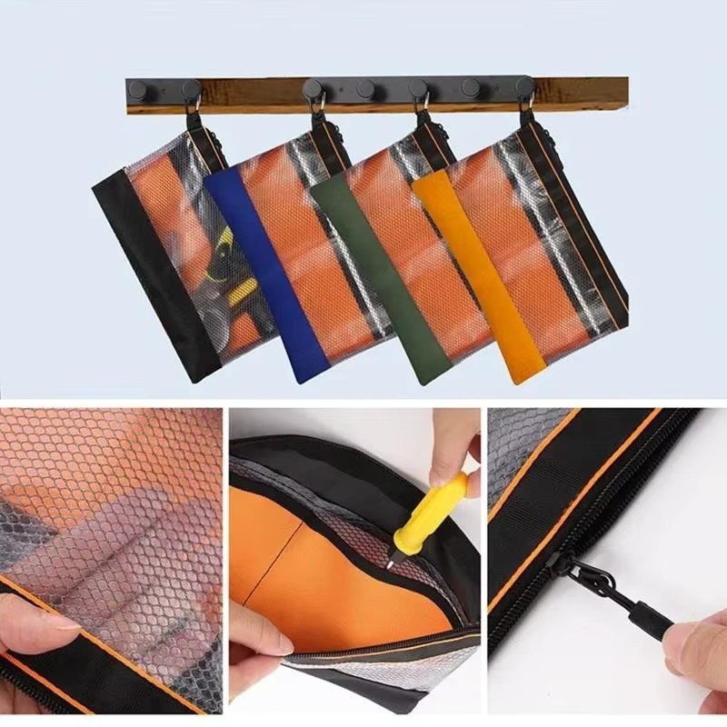 Robuste, transparente Werkzeugtasche mit Reißverschluss und Netzfenster in Orange, B/T/H: 30,0 x 24,5 x 17,0 cm - Bild 2