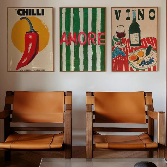 Amore Leinwanddruck Wandkunst mit Weinglas und Pfeffer in Grün gestreift für Wohnzimmer und Küche - Bild 1