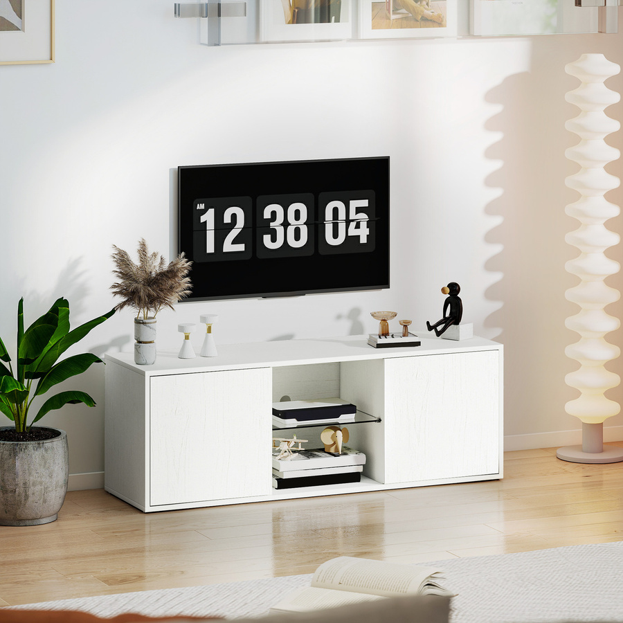HOMCOM TV-Schrank für bis zu 55 Zoll in Weiß mit Holzeffekt, Breite: 120 cm, mit Soft-Close-Türen, Glasregal und Kabeldurchlass für dein Wohnzimmer - Bild 2