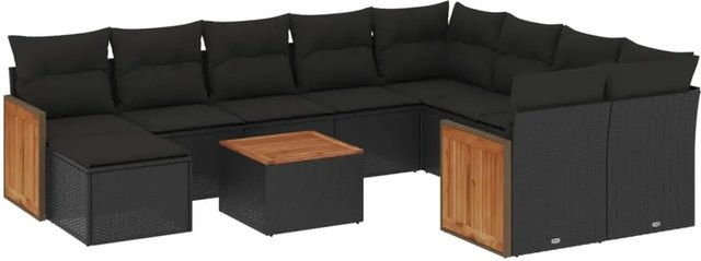 vidaXL 11-teilige Garten-Sofagarnitur aus Poly-Rattan und Akazienholz in Schwarz mit Kissen - Bild 1
