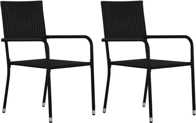 Furnicato Garten-Essstühle aus Polyrattan in Schwarz, 2er-Set, stapelbar - Bild 1