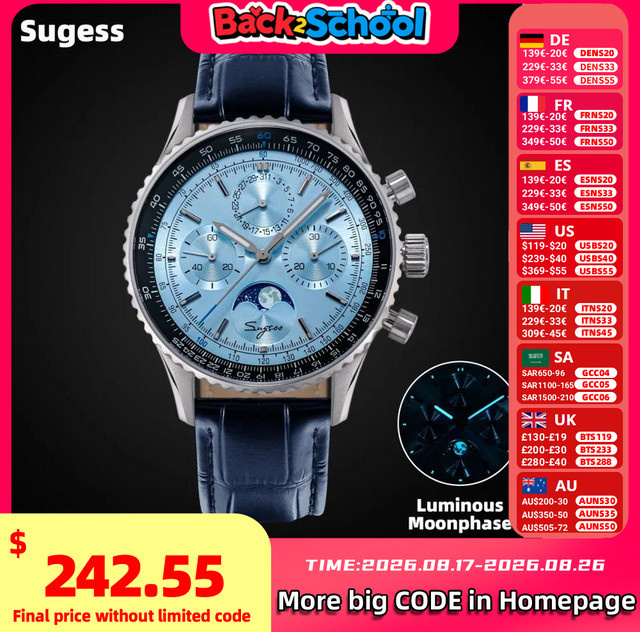 Sugess Chronograph, Automatik, Edelstahl, Blau, Leder, Herren - Bild 1