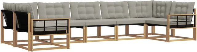 vidaXL Outdoor-Sofagarnitur L-Form aus Akazienholz mit Kissen in Weiß und Grau - Bild 1