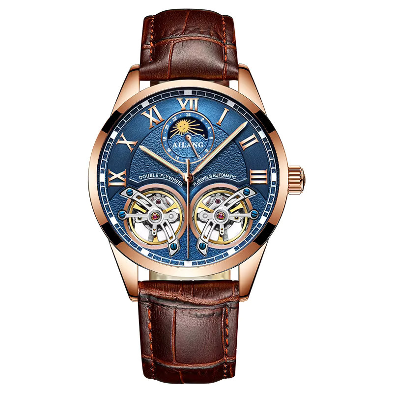 AILANG Armbanduhr Automatik, Doppel Tourbillon, Roségold, Edelstahl, Leder, Blau, Herren - Bild 6
