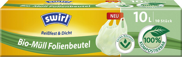 Swirl Bio Müllbeutel 10 Liter, reißfest und dicht, grün/teil-transparent, 8 Stück, B: 44 cm, H: 44 cm, B/H: 44 x 44 cm, 100 % kompostierbar - Bild 1