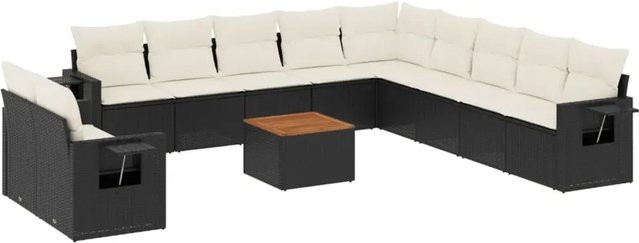 vidaXL 12-teilige Garten-Sofagarnitur in L-Form aus Polyrattan und Akazienholz mit Kissen in Schwarz-Creme - Bild 1