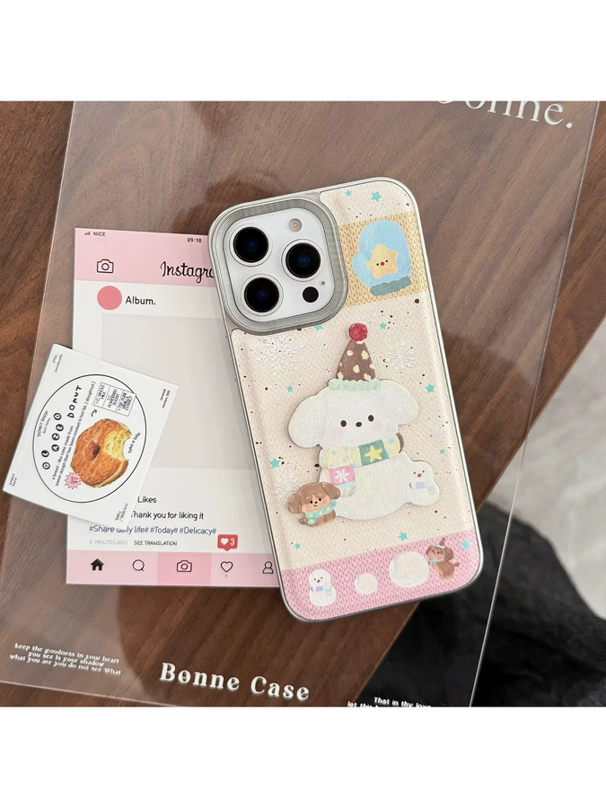 Koreanische 3D-Cartoon-Welpen Handyhülle mit Ledertextur und plattiertem Rand für Apple iPhone 17 Air 16 15 14 13 12 11 Pro Max in Multicolour - Bild 3
