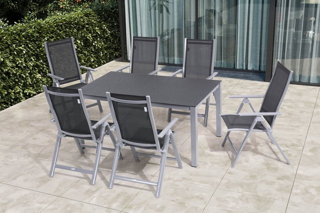 OUTFLEXX Garten-Essgruppe aus Alu und Spraystone in Silber/Anthrazit mit 6 Klappstühlen, B: 160 cm, T: 95 cm, H: 75 cm - Bild 1