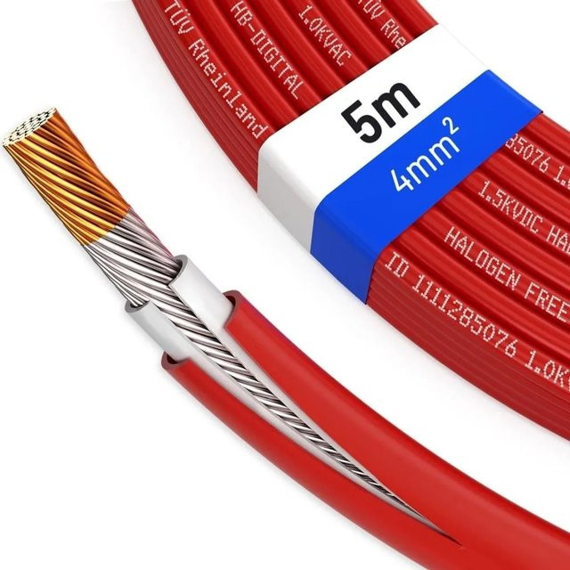 hb-digital Solarkabel 4 mm² H1Z2Z2-K TÜV zertifiziertes Photovoltaik Kabel für PV Anlagen, Farbe: Rot, Länge: 5 m - Bild 1