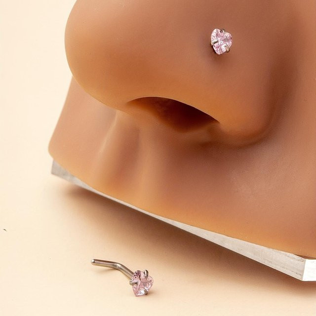 Nasenpiercing-Set, Edelstahl, pinkes Herz, Zirkonia, Damen - Bild 1
