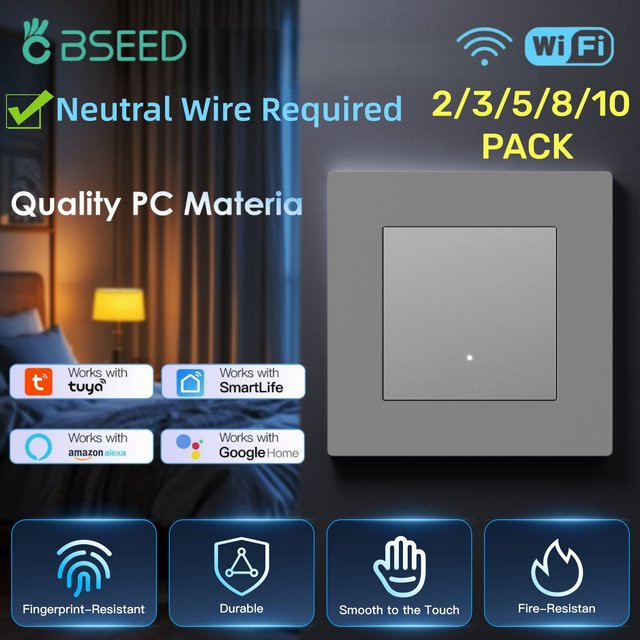 BSEED WLAN-Smart-Lichtschalter 1-fach mit gelber Hintergrundbeleuchtung, grauer Kunststoffrahmen, Tuya App Steuerung, EU-Standard - Bild 1