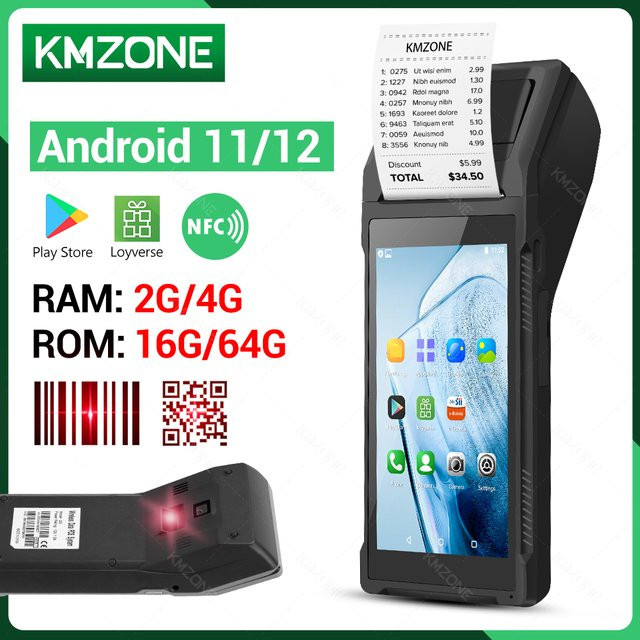 KMZONE Android POS-PDA Handheld-Terminal mit 2D-Barcode-Scanner, NFC, 58-mm-Thermaldrucker und 4G, Schwarz - Bild 1