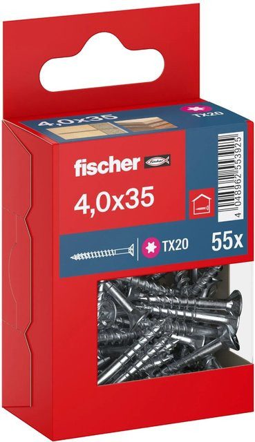 Fischer PowerFast II Senkkopf TX Teilgewinde Schraube aus verzinktem Stahl, Farbe: Silber, Durchmesser: 4 mm, Länge: 35 mm, 55 Stück - Bild 1