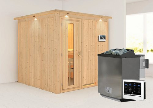 Karibu Sauna Valga Bio-Kombi-Sauna für 4 Personen mit 9 kW Bio-Kombi-Saunaofen und externer Steuerung, beige, H: 210 cm, B: 210 cm, T: 202 cm - Bild 1