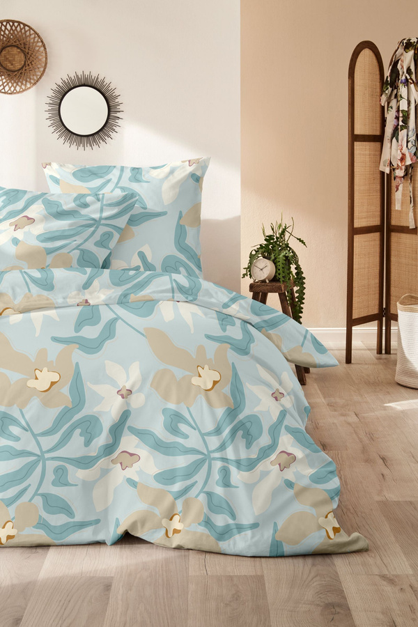 Westminster Biber Bettwäsche mit Blättern und Blüten in Beige, Mint, Sand und Blau, Material: Baumwolle, B/T/H: 135 x 200 cm und 80 x 80 cm - Bild 1