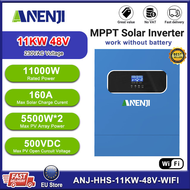 ANENJI Solar-Wechselrichter 11 kW mit MPPT 160 A, 500 VDC PV-Eingang, 220 VAC, 48 VDC, reiner Sinuswellen-Solarladeregler mit WiFi und BMS in Blau - Bild 1