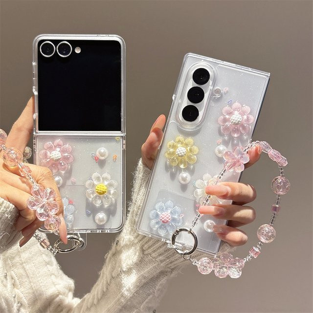 Luxuriöse 3D-Blumen Kristall-Glitzer Handyhülle mit Kette für Samsung Galaxy Z Flip 7 6 5 4 3 und Flip7 FE, stoßfeste Schutzhülle - Bild 1
