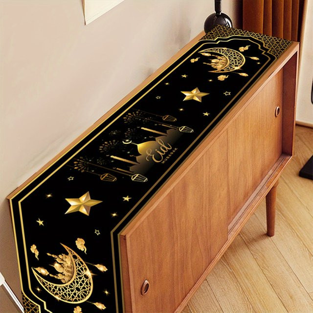 VIKAMA Tischläufer Ramadan in Schwarz-Gold mit Stern- und Mond-Motiv aus Leinen, B/H: 90 x 33 cm - Bild 1