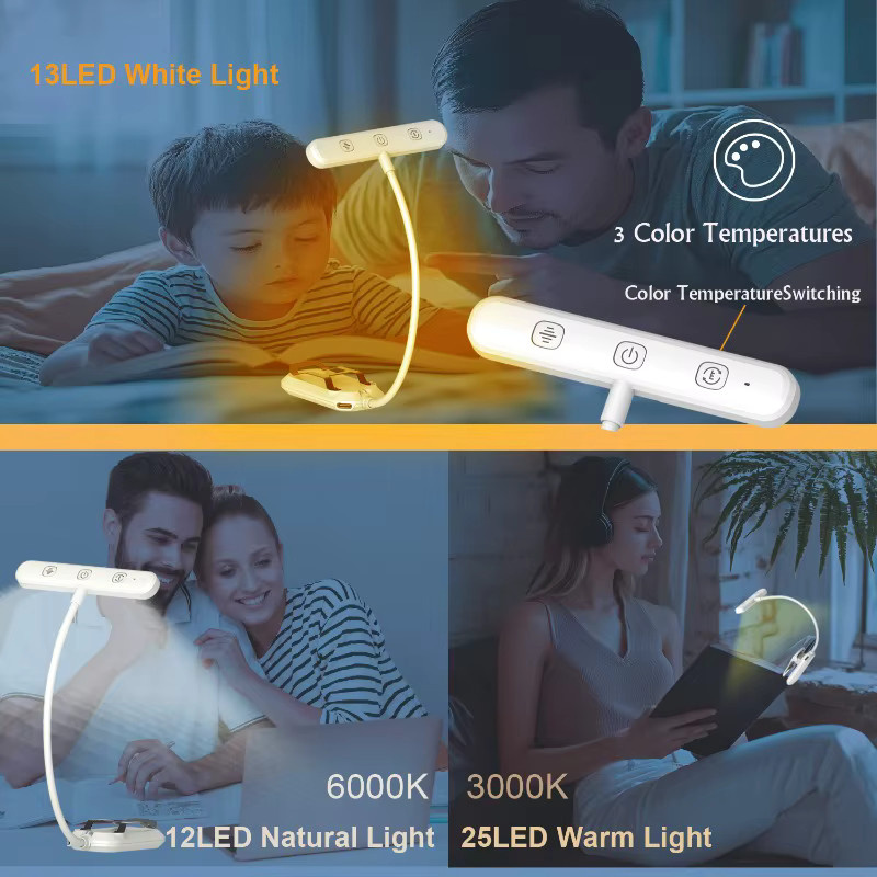 LINYILIGHT LED Clip-On Leselampe mit Touch-Steuerung, USB-aufladbare Buchlampe in Weiß mit 3 Farbmodi und 5 Helligkeitsstufen - Bild 4