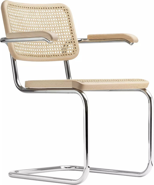 Thonet S 64 V Freischwinger mit Armlehnen aus verchromtem Stahlrohr und Wiener Geflecht in Beige und Bucheaufgehellt - Bild 1
