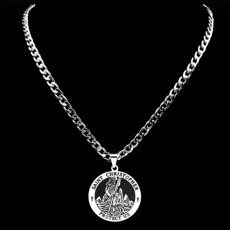 JYTF Halskette Saint Christopher Protect Us Emaille-Medaillen-Anhänger, Edelstahl, Silber, Unisex - Bild 2