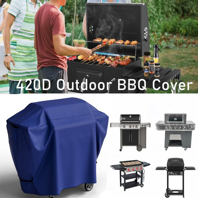 Wasserdichte und reißfeste Outdoor-Grillabdeckung aus 420D Material mit Klettverschlüssen und verstellbarem Saum-Kordelzug in Schwarz oder Blau, B/T/H: 132 x 109 x 66 cm - Bild 1