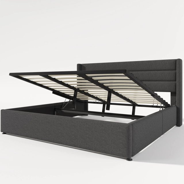 okwish Polsterbett Grau mit Bettkasten und Lattenrost aus Metallrahmen, B/T/H: 180 x 200 x 114 cm - Bild 1