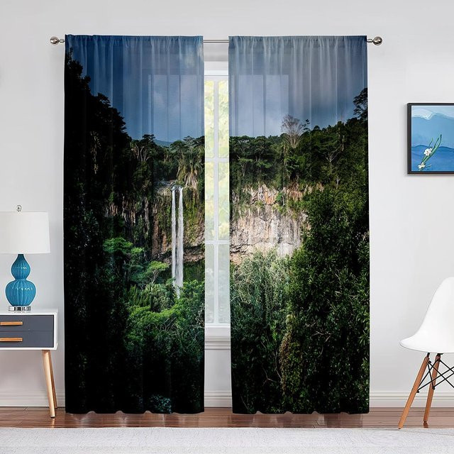 Transparenter Tüllvorhang mit Tropischer Regenwald und Sonnenaufgang Motiv, Mehrfarbig, Breite: 100 cm, Höhe: 250 cm - Bild 1