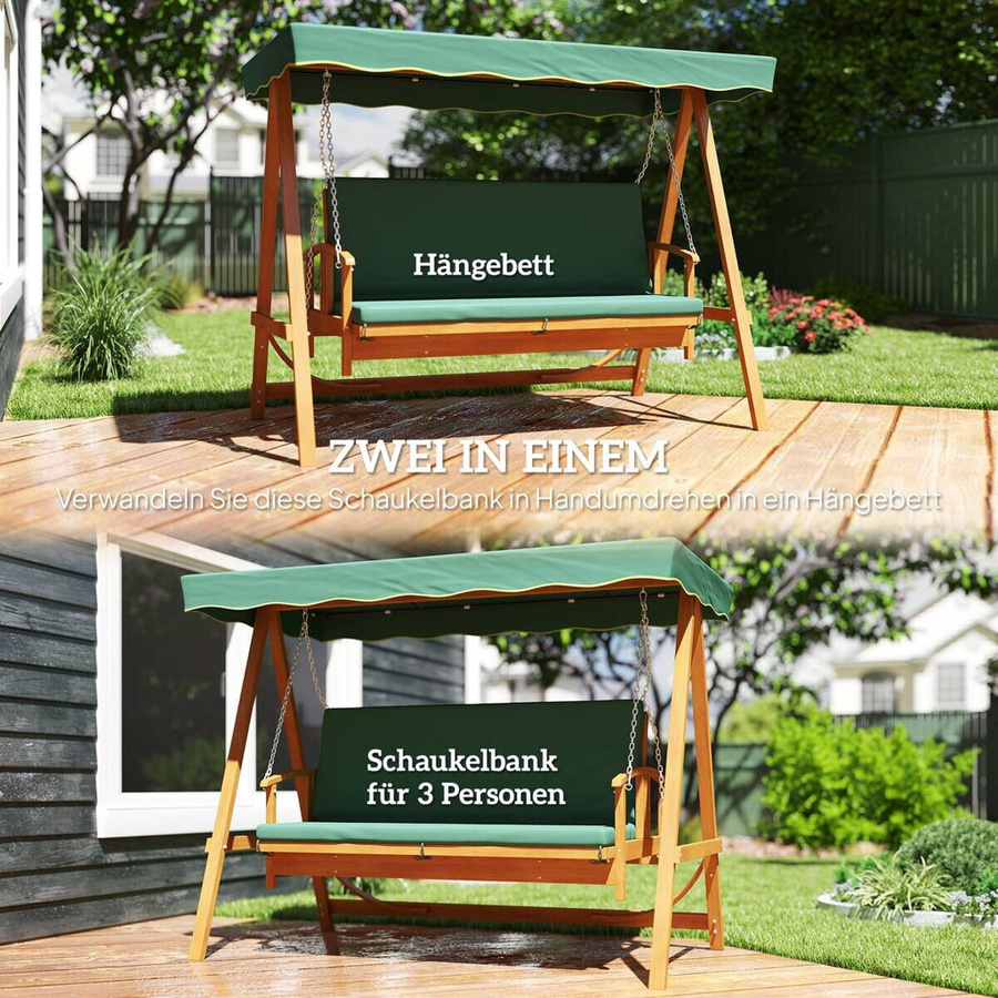 Outsunny Hollywoodschaukel aus Tannenholz mit Liegefunktion und Sonnenbaldachin, 3-Sitzer in Dunkelgrün, B/H/L: 130 x 236 x 300 cm - Bild 5