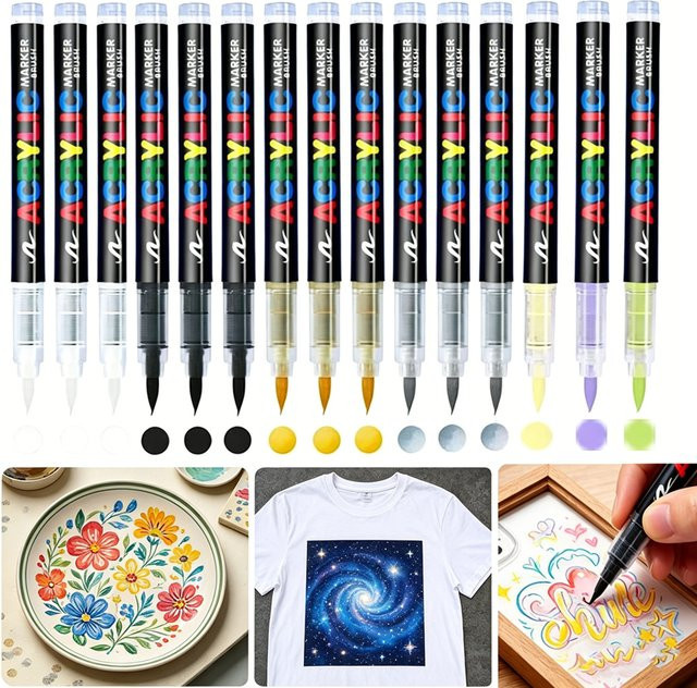 GuangNa 6/3-teiliges Acryl-Marker-Set mit Pinselspitze in Weiß, Gold und Silber für Steinmalerei, Keramik, Reifen, Stoff und Metall - Bild 1