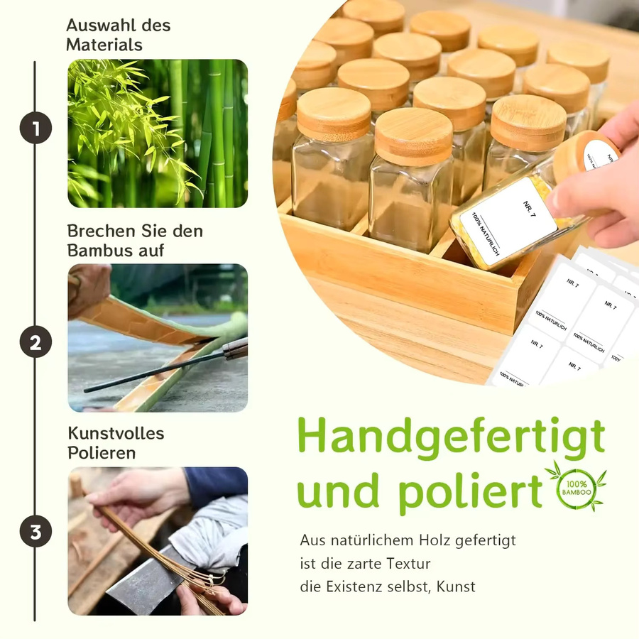 SAEIV Gewürzglas-Set mit Bambusregal aus transparentem Hochborosilikatglas inklusive Etiketten und Marker für deine Küchenorganisation - Bild 2