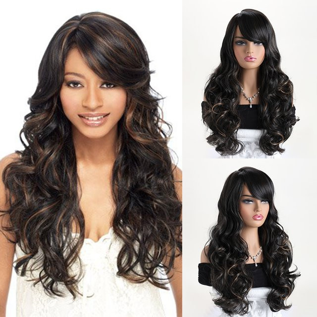 MAISI Perücke, synthetisch, schwarzbraun, Wellen, Pony, Damen, 26 Zoll - Bild 1
