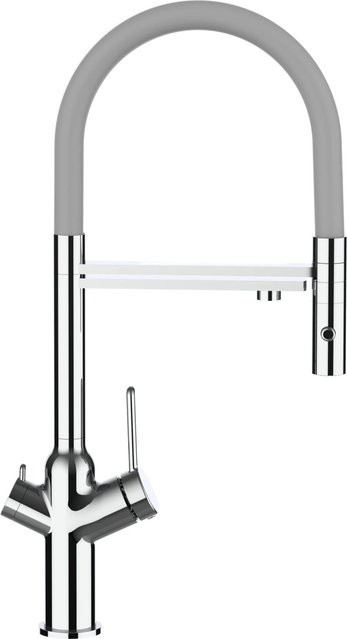 VIZIO Küchenarmatur mit 4-Wege-Wasserhahn, 360° schwenkbarer Auslauf und abnehmbarer 2-Strahl Handbrause, Verchromt, Grau - Bild 1
