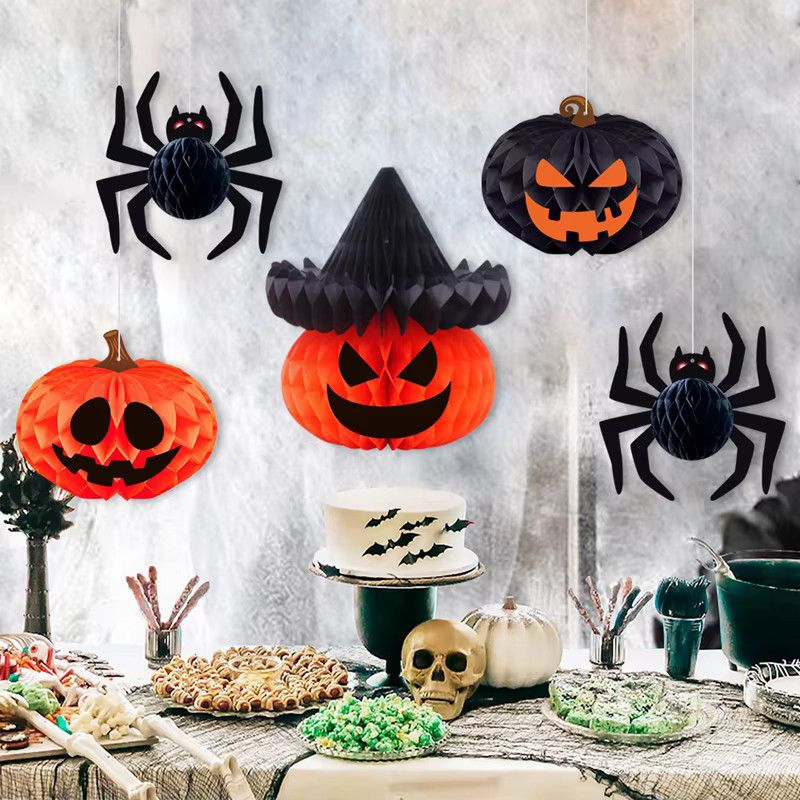 ZQNYCY 8er Set Halloween Wabenbälle aus Papier mit Spinne und Kürbis Motiven in Orange und Schwarz zur Dekoration für Innen und Außen - Bild 5