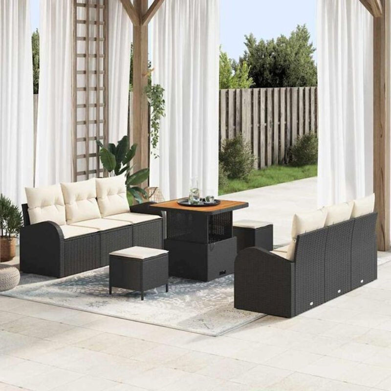 vidaxl Garten-Sofa-Set aus Poly-Rattan mit 9 Kissen in Schwarz - Bild 1