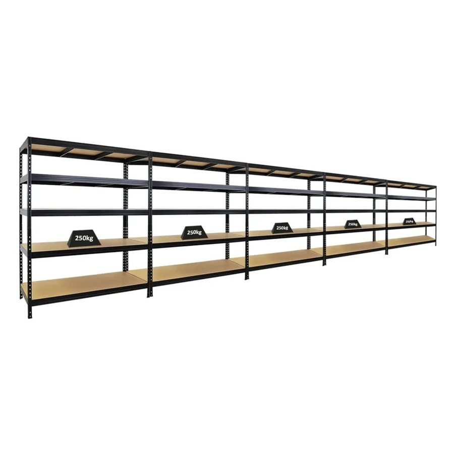 PROREGAL 5er-Sparset Schwerlastregal Rivet Schwarz, H x B x T: 180 x 150 x 60 cm, Fachlast 250 kg, mit verstellbaren Regalböden aus MDF-Holz und Stahl - Bild 2