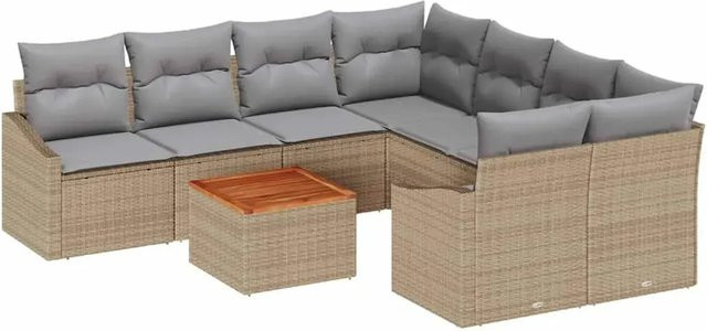 vidaXL Garten-Sofa-Set 9-teilig aus Poly-Rattan und pulverbeschichtetem Stahl in Beige und Grau mit Polstern und Stauraum - Bild 1