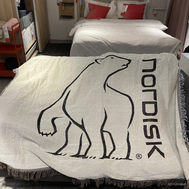 Nordisk Textildecke mit Weißem Bär und Quaste für Camping, Picknick oder als Home Dekoration, Farbe: Weiß, B/B/H: 160 x 130 x 1 cm - Bild 1