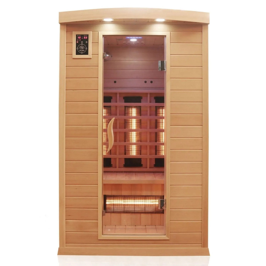 Dewello Infrarotkabine Hyder Infrarotsauna für 2 Personen aus Hemlock Holz in Braun B: 115 cm, T: 105 cm, H: 190 cm mit 6 Vollspektrumstrahlern, Radio und Farblicht - Bild 2