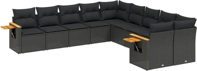 vidaXL 10-teilige Garten-Sofagarnitur mit Kissen aus Poly-Rattan und Akazienholz in Schwarz - Bild 1